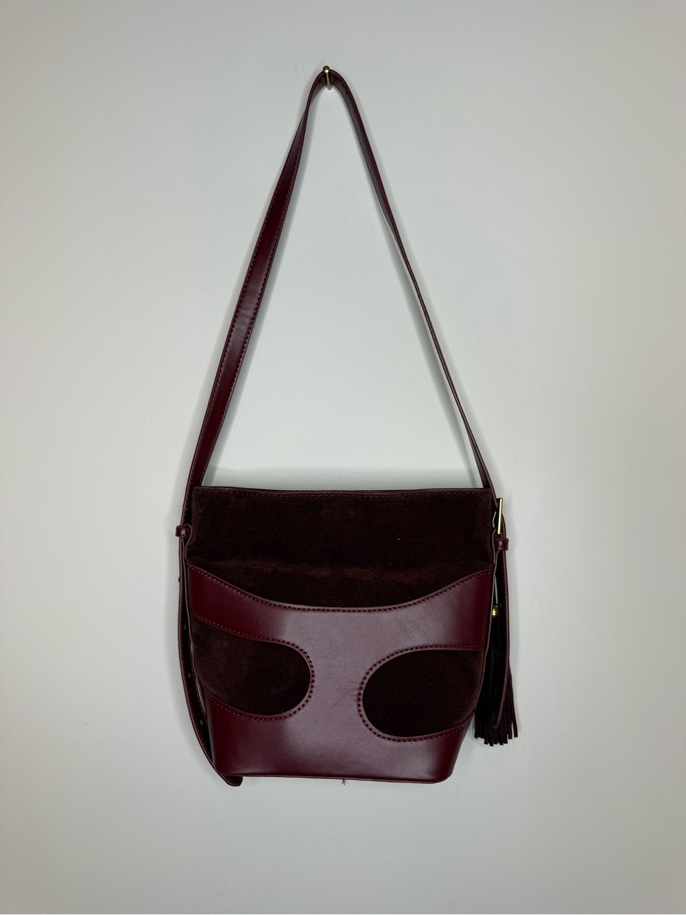 Women’s Burgundy Shoulder Bag - Sleek faux Suede & Leather Design - Picture 1 of 8
